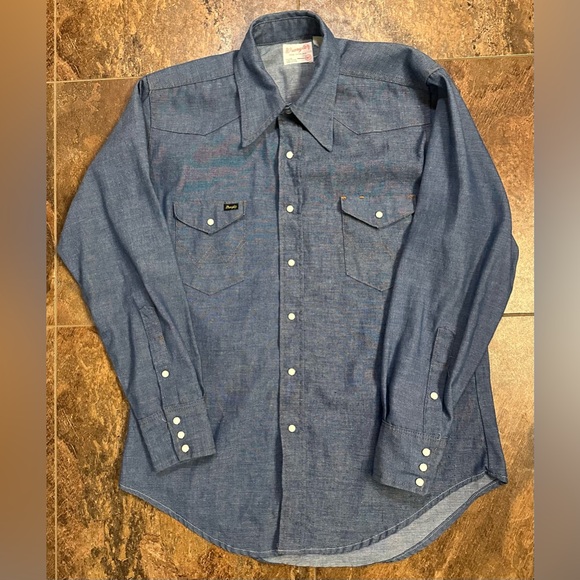 Vintage Wrangler Chambray Pearl Snap Shirt 16.5-34 USA L - Picture 1 of 8
